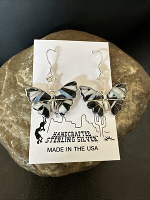 White Buffalo Turquoise Gilson Opal Onyx Sterling Silver ButterFly Earrings