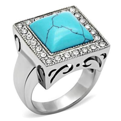 Anillo Color Plata Para Hombres de Acero Inoxidable Turquesa en Plataforma