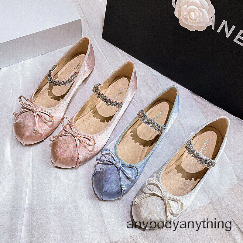 靴 Mary Jane Crystal Ribbon Satin Flats Women Fashion Rhinestone Ballet Shoes with Satin Bow Flat