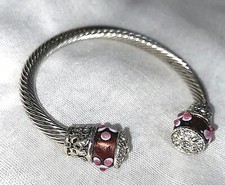 Silver Tone Twisted Rope Design Cuff Bracelet W/Purple Lamp Work Bead Detail