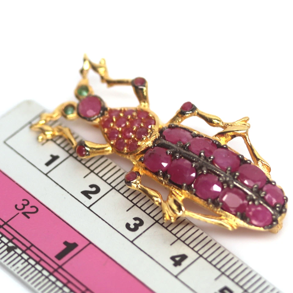 Heated 4 X 5 mm. Pink Ruby & Green Emerald Brooch 925 Silver Sterling - Image 3 of 4