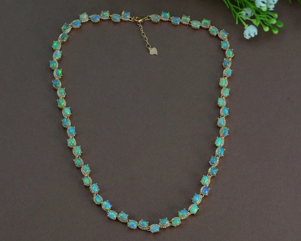 Collana catena con pietre preziose opale di fuoco naturale in argento massicc... - Immagine 4 di 4