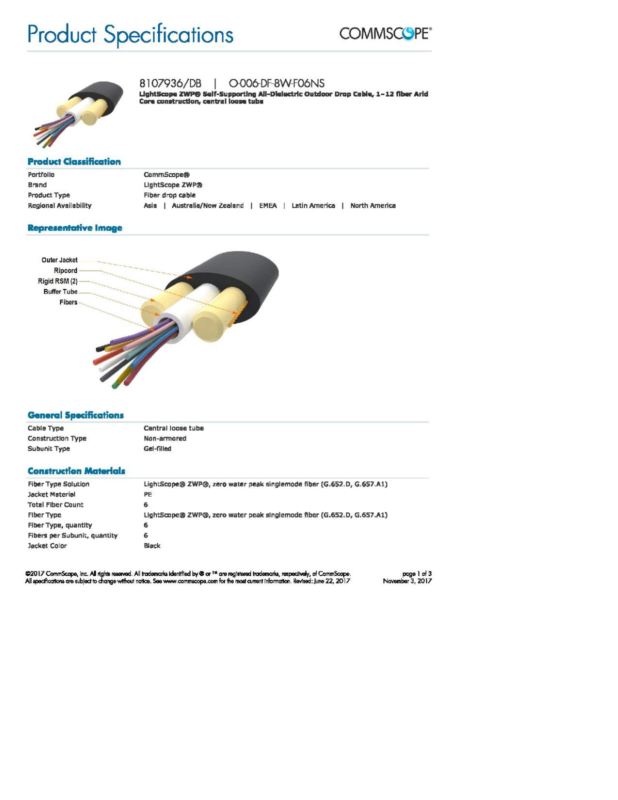 Commscope O-006-DF-8W-F06NS 6 CT SM Flat Drop Fiber Cable-5000' Reel ...