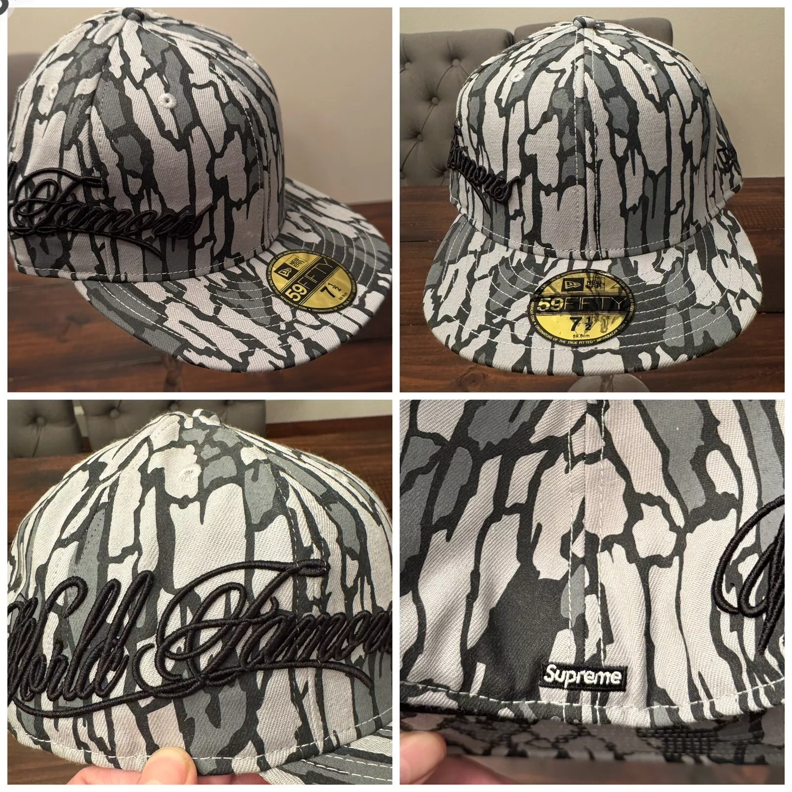Chapeau ajusté vintage Supreme New Era écorce d'arbre (2008) taille 7 1/2 gris RARE NEUF !!!!!
