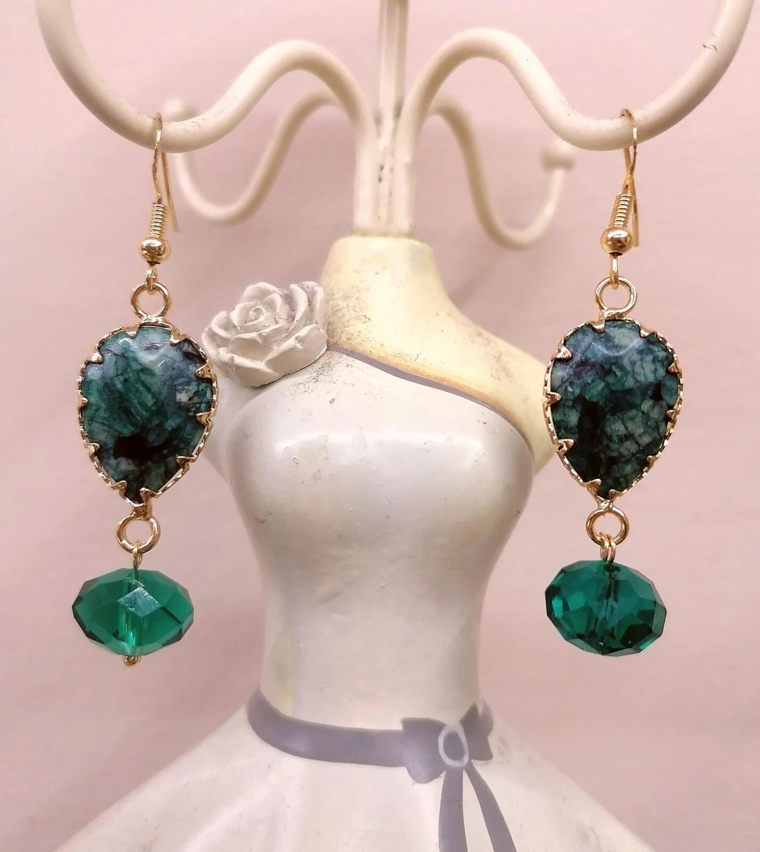 Orecchini Farfalla Ricamati LOKILOKI – Goccia Verde Con Pietre Naturali – Gioielli Artistici Fatti A Mano – 7 Cm - 2
