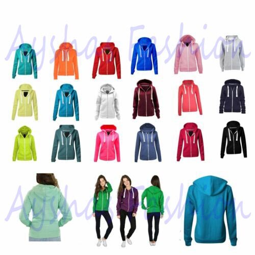 Ladies Womens Plain Zip Up Hoodie Sweatshirt Fleece Jacket Hooded Top UK 8 To 22 - Afbeelding 1 van 23