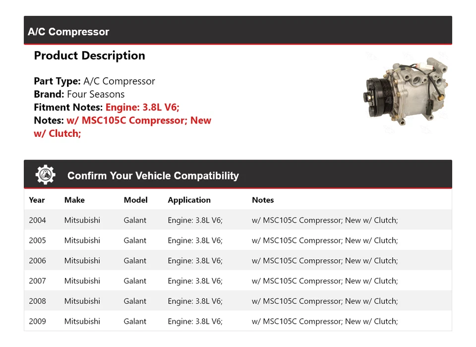 Compresor de aire acondicionado para Mitsubishi Galant 2004-2009 3,8 L V6 4 estaciones 2005 2006 2007 Foto 2 de 4