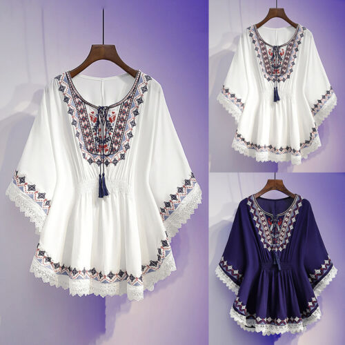 Boho Women Vintage Print Casual Loose T-Shirt Half Sleeve Pullover Tops Blouse