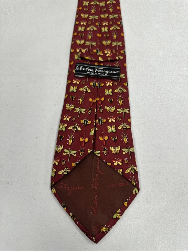 Corbata Salvatore Ferragamo Hombre Borgoña Rojo Rosa Seda Estampado Mariposa Italia Foto 3 de 4