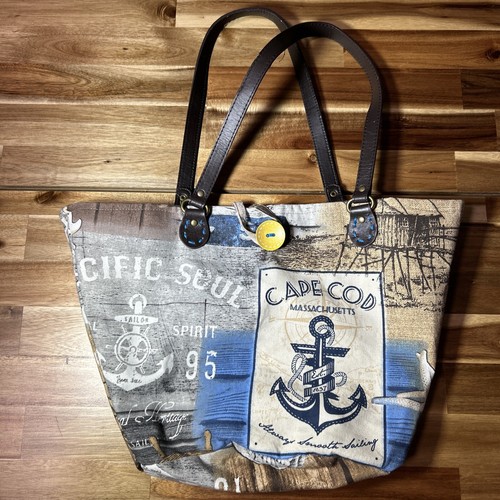 Cape Cod Fabric Summer Tote Bag Faux Leather Straps Pot Style 12” Tall