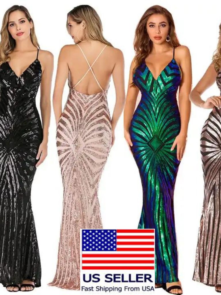V Neck Spaghetti Strap Dress Elegant Party Prom Dresses Women Sequin Dress  | eBay