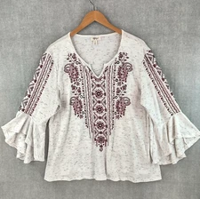 Style & Co Top Women XL Ivory Bohemian Embellished Thermal Waffle Knit Bell Cuff