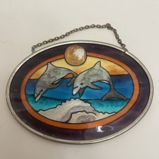 Vintage Stained Glass Suncatche Hand Painted Dolphins 4.5  Oval