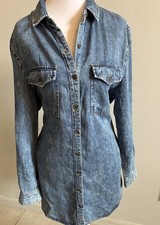 Denim Shirt Dress Button Down Pockets Blue Acid Wash Boho Western 90s Grunge S