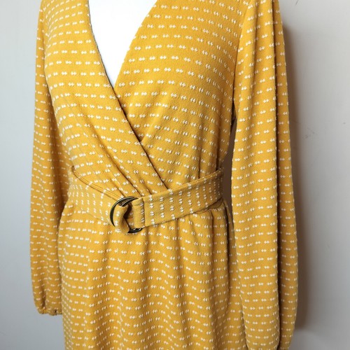 Abito Maeve Anthropologie Malta XL finto avvolgente giallo maglia cintura manica lunga - Foto 6 di 13