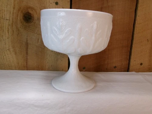 Vintage 1978 FTD White Milk Glass Oak Leaf Pattern Pedestal Compote Bowl