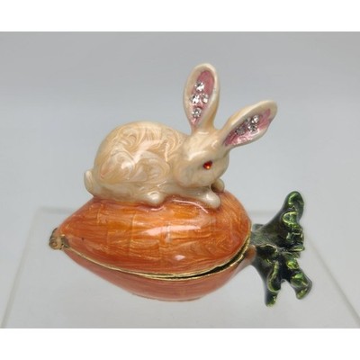 Rabbit and Carrot Trinket Box Bejeweled & Enameled Hinged W/ Magnet 2'' Mini