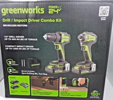 Greenworks 24V Brushless Drill/Driver 2 Tool Combo Kit   #CKG3201 *New In Box*