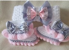 Hand knitted Romany Bling baby girls booties/shoes/Crochet headband.0-3 months