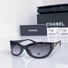 CHANEL CH71763 Black Oval Wrap Sunglasses Purple Gradient Lenses Gold CC Logo