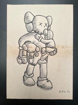 KAWS (Handmade) Zeichnung auf altem Papier signiert Mischtechnik, Vintage Kunst