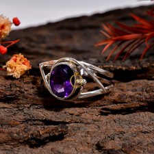 Natural Purple Faceted Amethyst Ring 925 Sterling Silver Handmade Promise Rings