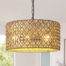 5-Light Boho Rattan Pendant Light, 18" Hand Woven Chandelier Wicker Coast Lig...