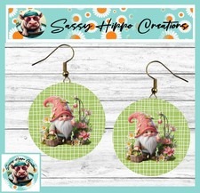 Earrings Round Gold Hook Backs Pink Gnome Spring Flowers MDF Sublimated
