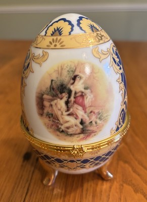 Vecceli Italy Porcelain Egg Trinket Box Hinged Blue & Gold Gilded 5''H Vintage
