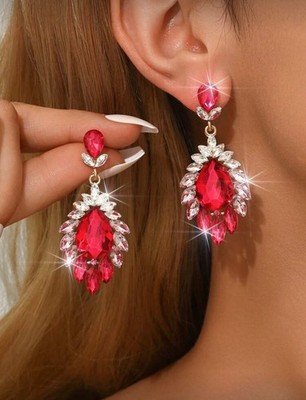 Long RedDrop  Dangle Pageant Rhinestone Gold Earrings 2.25 
