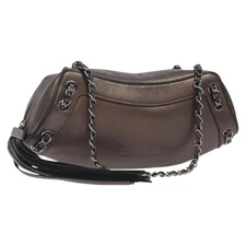 CHANEL Chain Hand Bag Leather Brown Silver CC Auth yk18366
