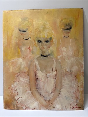 MID CENTURY  PAINTING PRETTY WOMAN FEMALE MODEL BLONDE BALLET DANCERS LISTED OIL