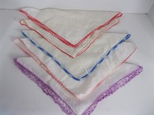 Lot Of 5 Hankies Handkerchiefs Crocheted Lace Edges Handmade Craft Vintage