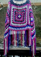Handmade Crochet Poncho Hippie Granny Square Fringe 60s Festival/Med- Plus Size