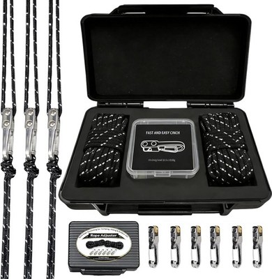 6 Pack Reflective Rope Adjuster No Knot Tie Down w/ Case - Black