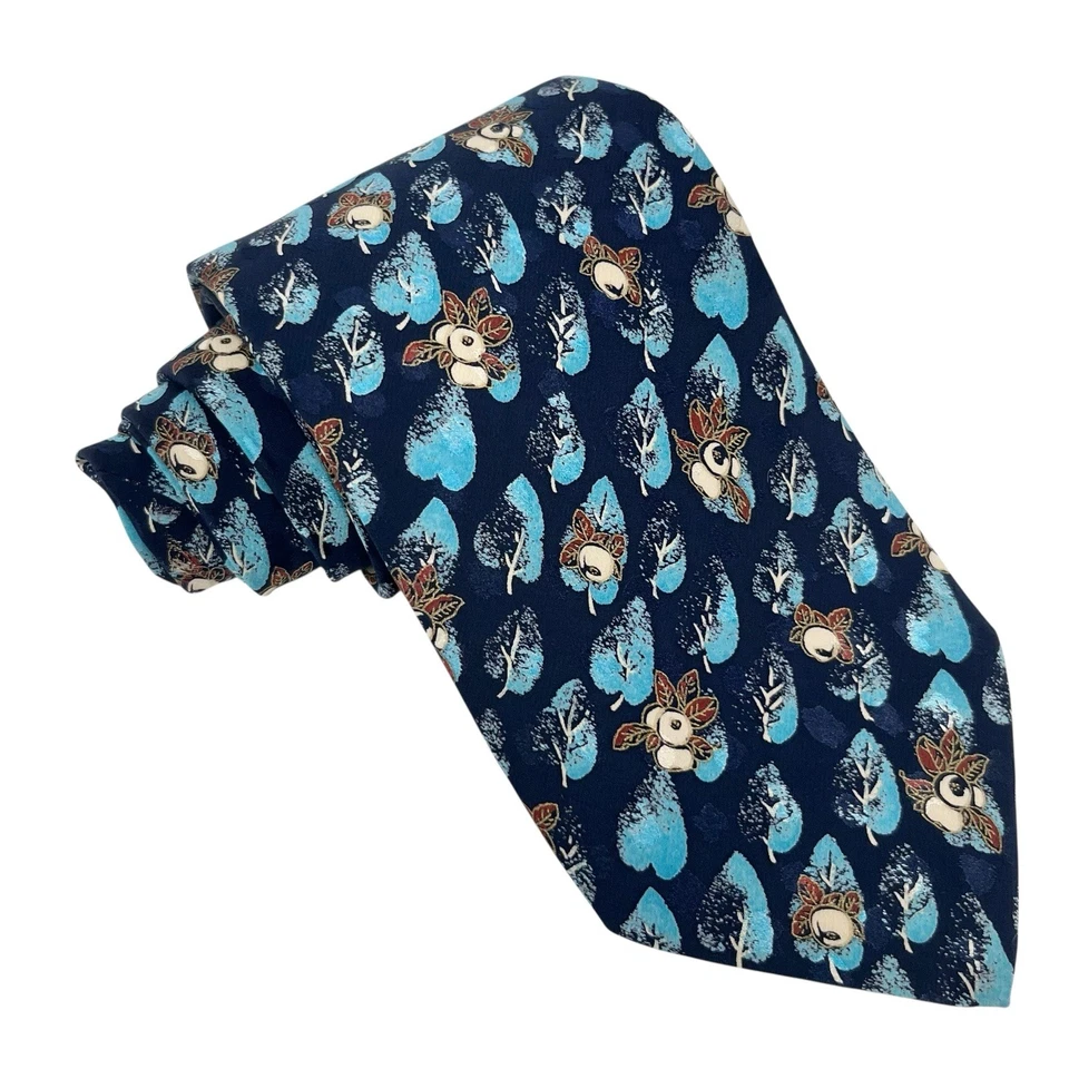 Gravata masculina Brioni folhas florais azul marinho/turquesa cetim seda 3 7/8" (L) x 58" (L) excelente estado usado - Imagem 4 de 4