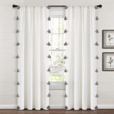Boho Faux Linen Texture Tassel Window Curtain Panel Single 52" W x 84" L Whit...