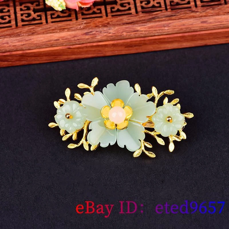 Green Jade Flower Barrette Jewelry Natural Luxury 925 Silver Hairpin Hair Clip - Image 4 of 4