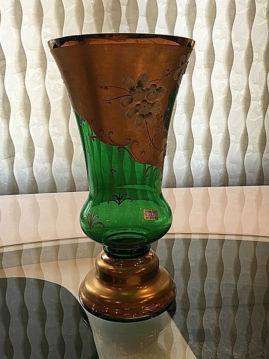 Vintage Bohemia Czech Republic 24K Gold Green Crystal Glass