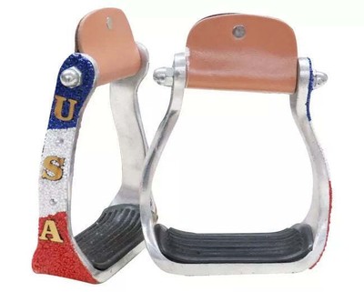 New! Showman Red white blue USA BEADED ALUMINUM STIRRUPS w/ 3'' Neck 2'' Tread