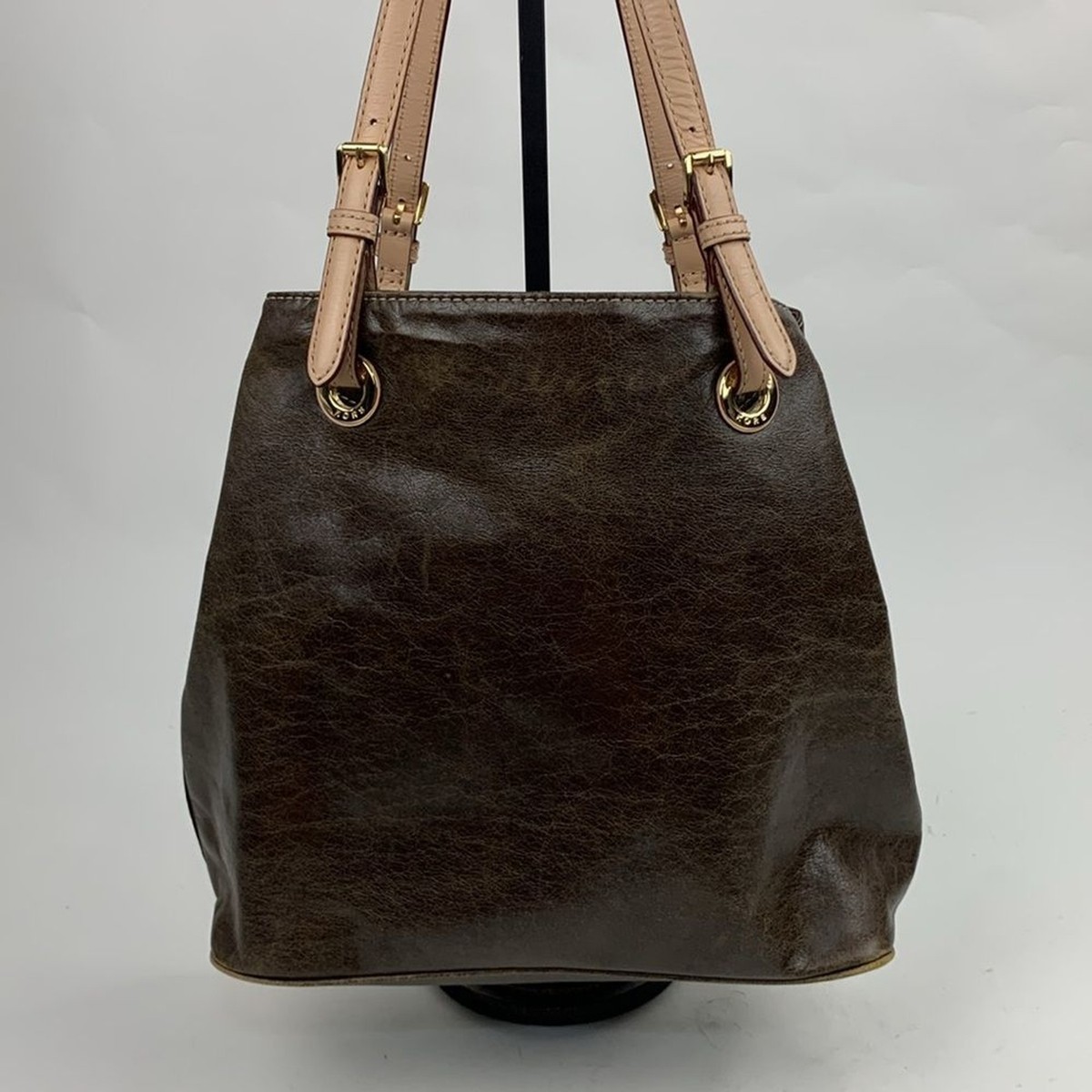 Michael Kors Leather Distressed Tote Bag purse Brown Creme