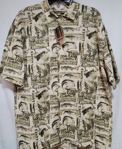 NWT Woolrich Mens Sz L Camp Shirt Olive Fish Signs Linen Blend Short Sleeve - Picture 2 of 17