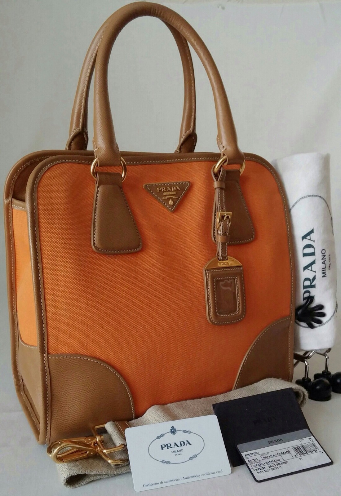 MINT PRADA CANAPA SAFFIANO LEATHER TOTE BAG HANDBAG ORANGE/CARAMEL MADE