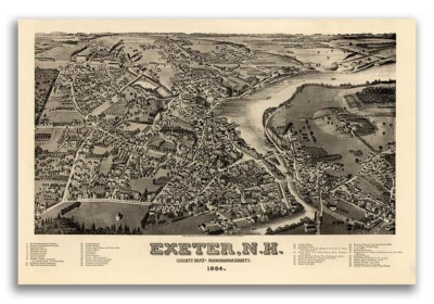 1884 Exeter NH Vintage Old Panoramic City Map - 20x30