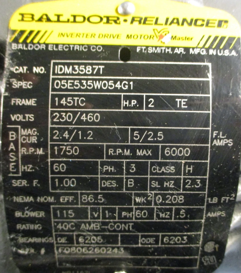 Baldor Reliance IDM3587T Inverter Drive Motor 3 PH 2 HP 1750 RPM 7/8" Shaft Dia - Image 4 of 4