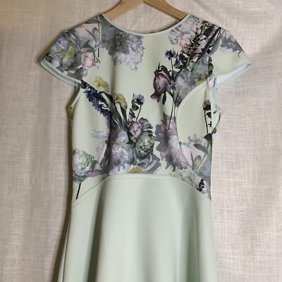 Ted Baker Skater Dress Sage Green Floral Cap Sleeve Size 5 | eBay