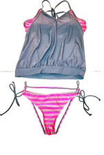 Women's Two Pieces Tankini Top and Pink/Gray Bikini Strip Bottom Swimsuit Size M