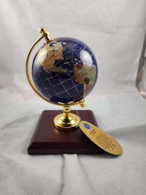 Mini World Globe Blue Gemstone Inlay, Brass Rotating, Mahogany Base 8'' tall 