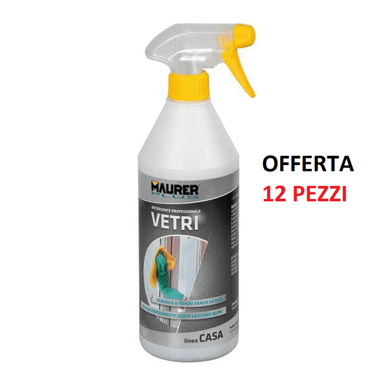 12 PZ MAURER DETERGENTE SPRAY PROFESSIONALE VETRI CRISTALLI 750 ML-PULIZIA CASA.