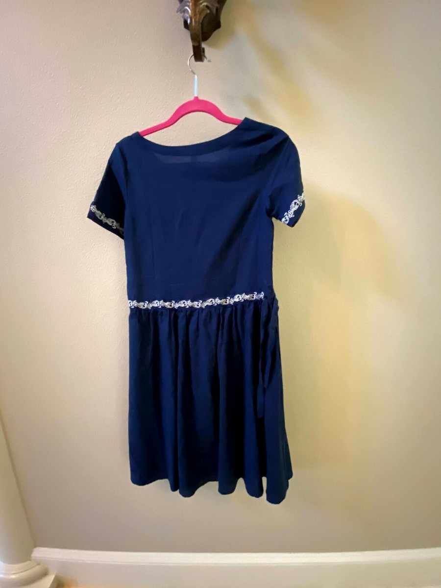 navy blue dress with white embroidery English Factory Navy & Baby Blue Embroidered Teresa Caftan Navy & Baby Blue / L